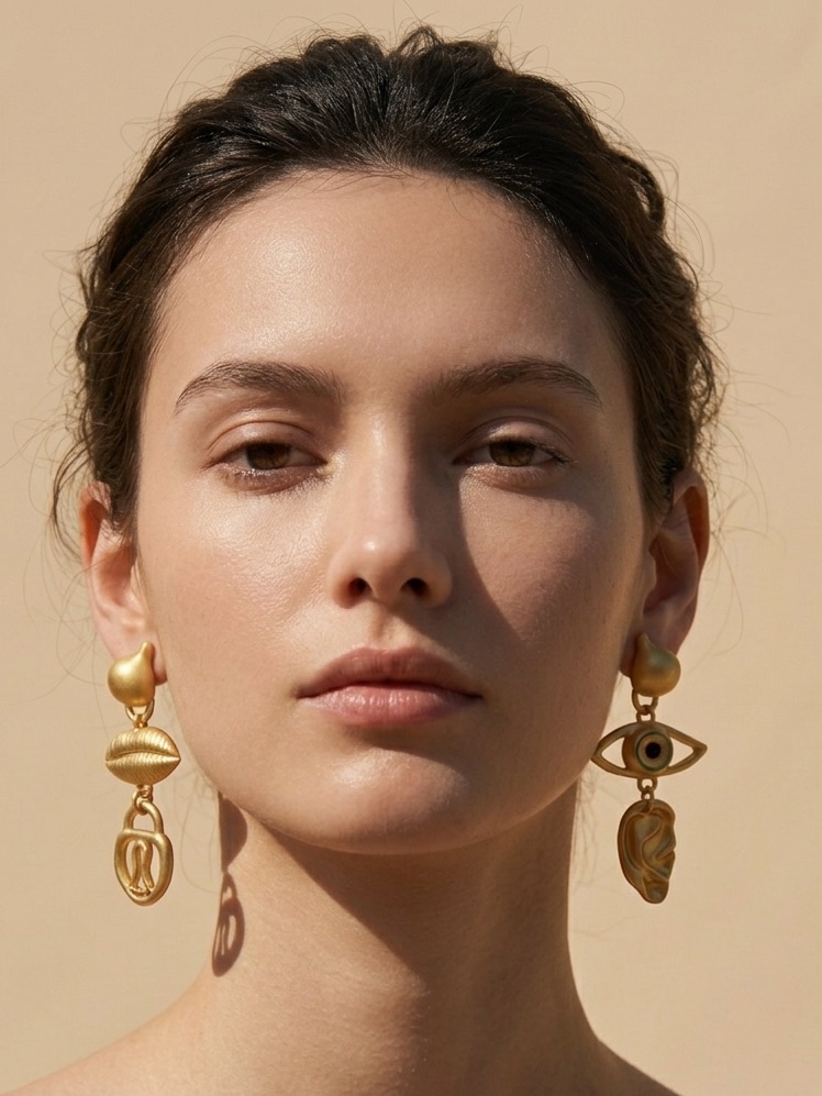 Gold Statement Drop Earrings - Sculptural Eye And Shell Design